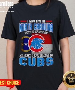 Chicago Cubs ladies tee celebrating fandom with 'I may live in North Carolina but my heart belongs to the Cubs' design.