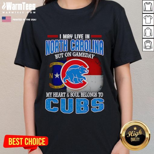 Chicago Cubs ladies tee celebrating fandom with 'I may live in North Carolina but my heart belongs to the Cubs' design.