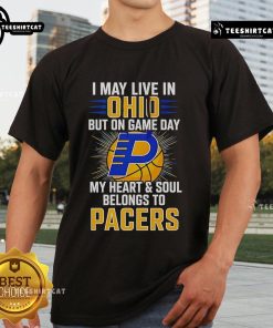 Alt Text: Ohio fan wearing 'I May Live In Ohio But On Game Day My Heart Belongs To The Indiana Pacers' T-shirt at a game.