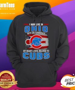 Alt Text: Ohio resident in Chicago Cubs hoodie, showcasing team spirit on game day with a vibrant design and logo.