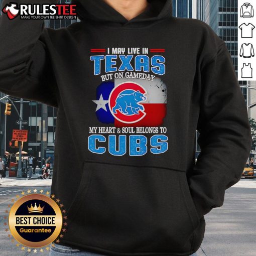 Texas fan wearing Chicago Cubs hoodie, showcasing team spirit on gameday with a vibrant design and logo.