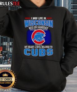 Cozy hoodie featuring 'I May Live In Wisconsin But On Gameday My Heart Belongs To Chicago Cubs' design for fans.