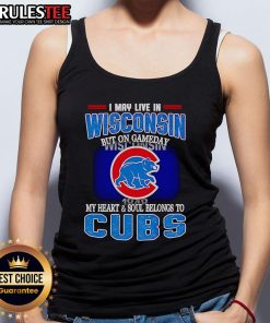Alt Text: Official I May Live in Wisconsin But My Heart Belongs to Chicago Cubs Tank Top, showcasing team spirit and style.