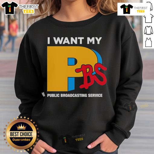 Alt Text: Official I Want My PBS Public Broadcasting Service sweatshirt in navy blue, showcasing classic logo and cozy style.