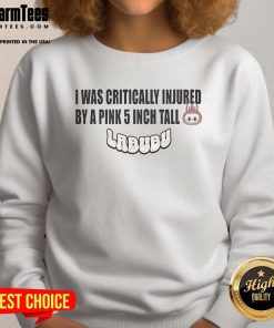 Alt Text: Official 'I Was Critically Injured By A Pink 5 Inch Tall Labubu Sweatshirt' showcasing unique design and vibrant color.