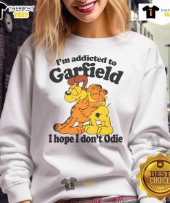 Official I'm Addicted to Orange Cat sweatshirt featuring a playful design, perfect for cat lovers and fans of Odie.