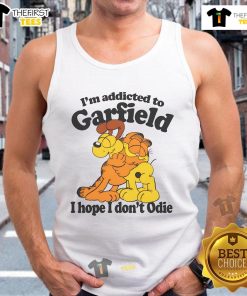 Alt Text: Orange cat tank top featuring 'I'm Addicted to Orange Cats, Hope I Don't Odie' design for cat lovers.