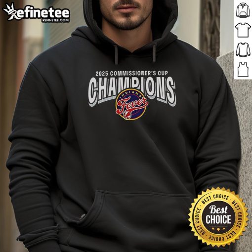 Official Indiana Fever 2025 WNBA Commissioner's Cup Champions hoodie in navy blue, celebrating team victory.