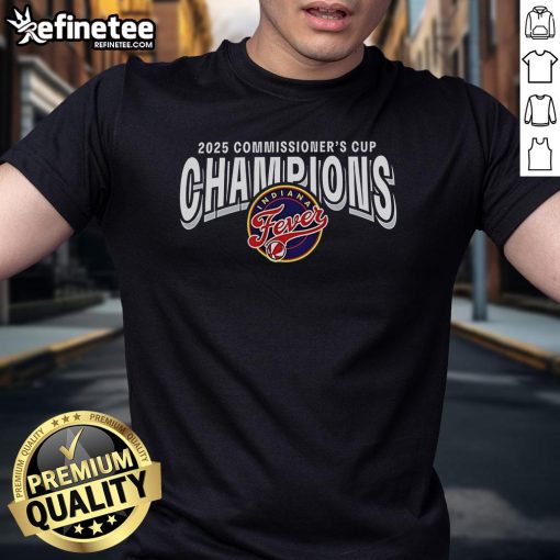 Official Indiana Fever 2025 WNBA Commissioner's Cup Champions T-Shirt featuring team logo and celebratory design.