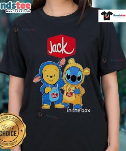 Official Jack In The Box Pooh and Stitch Friends Ladies Tee featuring colorful cartoon designs on a stylish shirt.