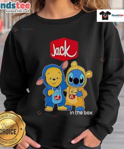 Official Jack In The Box Pooh And Stitch Friends Sweatshirt featuring colorful characters and cozy design.