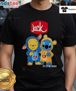 Alt Text: Official Jack In The Box Pooh and Stitch Friends T-Shirt featuring playful graphics of beloved characters.