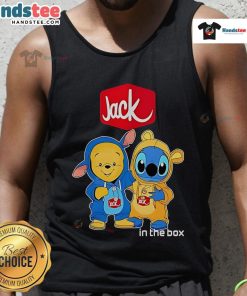 Official Jack In The Box Pooh and Stitch Friends Tank Top featuring vibrant characters for a fun summer look.