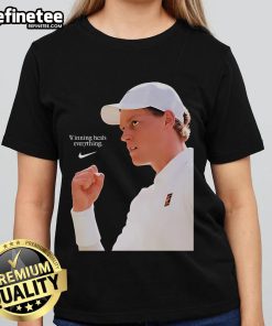 Jannik Sinner winning Nike x Wimbledon 2025 Champions tee for ladies, celebrating victory on the grass court.