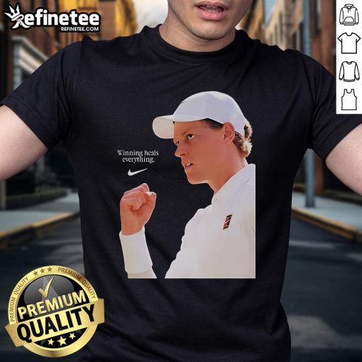 Alt Text: Official Jannik Sinner Winning Heals Everything Nike X Wimbledon Champions 2025 Rules The Grass T-Shirt design.