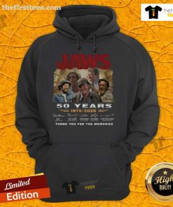 Official Jaws 50 Years 1975-2025 signature hoodie celebrating the iconic film with a nostalgic design.