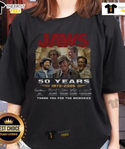 Alt Text: Official Jaws 50 Years 1975-2025 signature ladies tee celebrating the iconic film's legacy and fan memories.