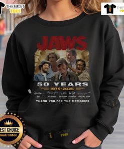 Alt Text: Official Jaws 50 Years 1975-2025 sweatshirt featuring Thank You For The Memories signature design.
