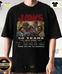 Official Jaws 50 Years 1975-2025 T-Shirt featuring signatures, celebrating the iconic film's anniversary.