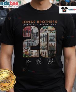 Official Jonas Brothers Living The Dream Signature T-Shirt featuring vibrant design and iconic band logo.