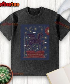 Official Mumford and Sons July 21, 2025 live concert poster on a washed t-shirt, featuring vibrant graphics and event details.