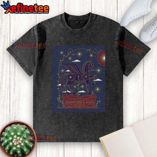 Official Mumford and Sons July 21, 2025 live concert poster on a washed t-shirt, featuring vibrant graphics and event details.