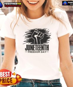 Official Juneteenth Freedom Day Fist Ladies Tee featuring a powerful graphic symbolizing empowerment and celebration.