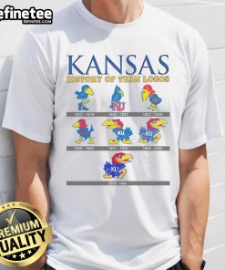 Alt Text: Official Kansas Jayhawks History Of Team Logos T-Shirt featuring iconic logo designs, perfect for fans and collectors.