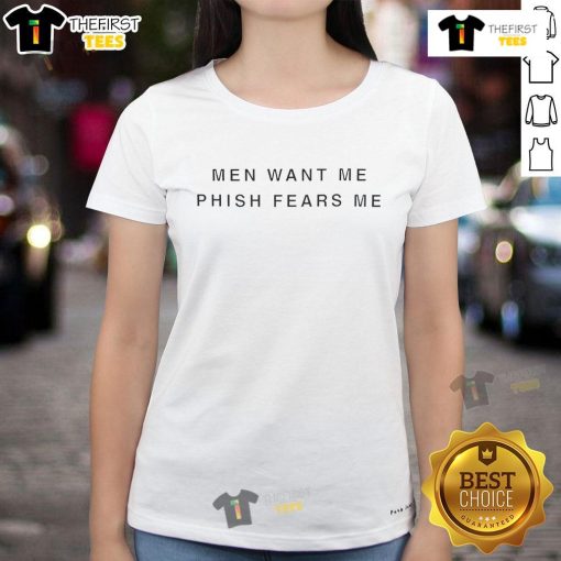 Alt Text: Official Larry David Men Want Me, Phish Fears Me Ladies Tee showcasing a humorous graphic design.