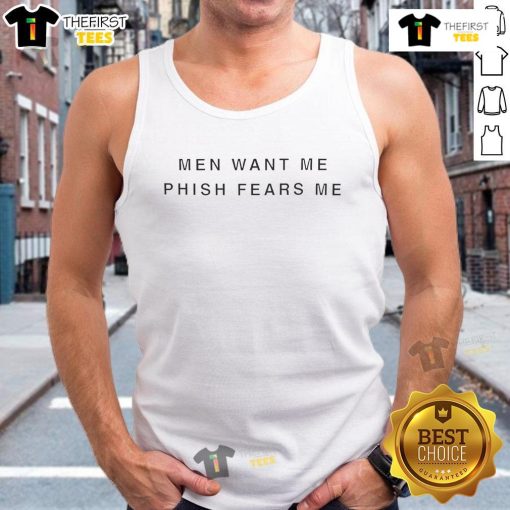 Larry David wearing a 'Men Want Me, Phish Fears Me' tank top, showcasing a humorous take on pop culture and fandom.