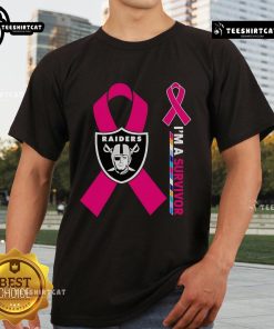 Official Las Vegas Raiders X Cancer Awareness 'I'M A Survivor' T-Shirt featuring bold graphics and a supportive message.