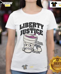 Alt Text: Official Liberty and Justice 'Welcome to Houston Now Leave' Ladies Tee showcasing a bold graphic design.