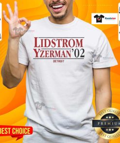 Official Lidstrom Yzerman '02 Detroit T-Shirt featuring iconic players from the 2002 championship team.