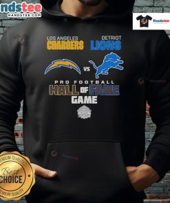 Alt Text: Official Los Angeles Chargers vs Detroit Lions Hall of Fame Game 2025 hoodie featuring team logos and vibrant design.