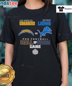Official Los Angeles Chargers vs Detroit Lions Hall of Fame Game 2025 ladies tee featuring team logos and vibrant colors.