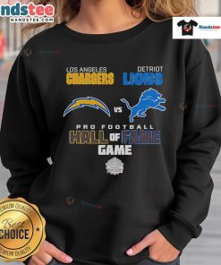 Official Los Angeles Chargers vs Detroit Lions Hall of Fame Game 2025 sweatshirt showcasing team logos and vibrant design.