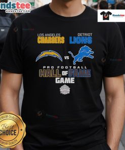 Alt Text: Official Los Angeles Chargers vs Detroit Lions Hall of Fame Game 2025 T-Shirt featuring team logos and game date.