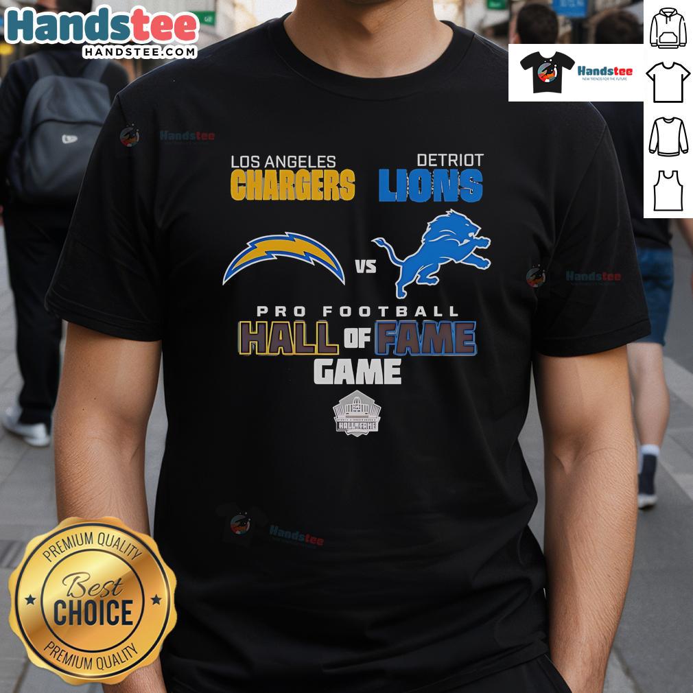 Official Los Angeles Chargers Vs Detroit Lions Hall Of Fame Game 2025 T Shirt Alt Text: Official Los Angeles Chargers vs Detroit Lions Hall of Fame Game 2025 T-Shirt featuring team logos and game date.