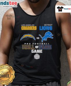 Official Los Angeles Chargers vs Detroit Lions Hall of Fame Game 2025 tank top featuring team logos and vibrant design.