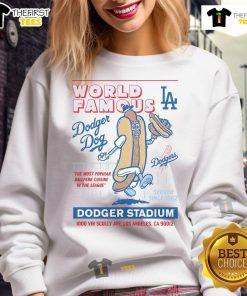 Alt Text: Official Los Angeles Dodgers Dodger Dog sweatshirt featuring team logo and vibrant colors, perfect for fans.