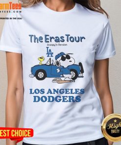 Alt Text: Official Los Angeles Dodgers The Eras Tour Snoopy Ladies Tee featuring vibrant graphics and a stylish fit for fans.