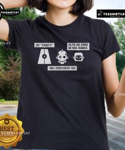 Alt Text: Official Love Dead Robot The Three Robots Ladies Tee featuring a stylish graphic design for fans of sci-fi apparel.