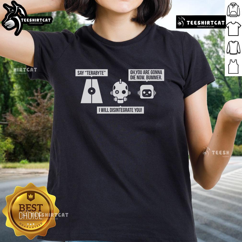 Official Love Dead & Robot The Three Robots Ladies Tee Alt Text: Official Love Dead Robot The Three Robots Ladies Tee featuring a stylish graphic design for fans of sci-fi apparel.