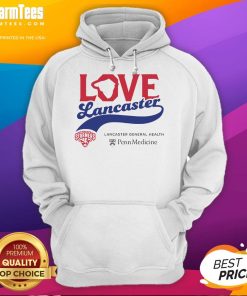 Official Love Lancaster Penn Medicine Hoodie in navy blue, showcasing logo and stylish design for healthcare supporters.