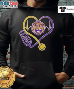 Official LSU Tigers Caring Hearts Nurses Stethoscope Hoodie showcasing school pride and healthcare appreciation.