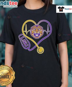 Official LSU Tigers Caring Hearts Nurses Stethoscope Ladies Tee showcasing team spirit and nursing pride in vibrant colors.