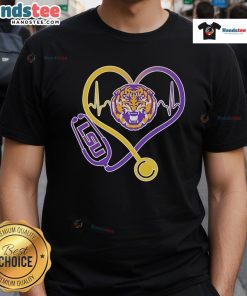 Alt Text: Official LSU Tigers Caring Hearts Nurses Stethoscope T-Shirt featuring LSU logo and nurse-themed design.
