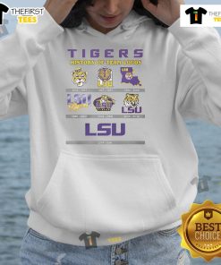 Official LSU Tigers History of Team Logos Hoodie showcasing unique designs and vibrant colors of LSU team spirit.