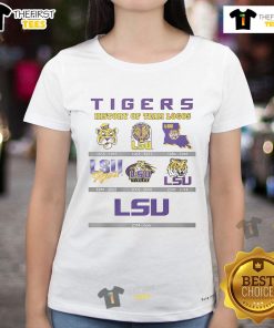 Alt Text: Ladies tee featuring the history of LSU Tigers team logos, showcasing vibrant designs and school spirit.