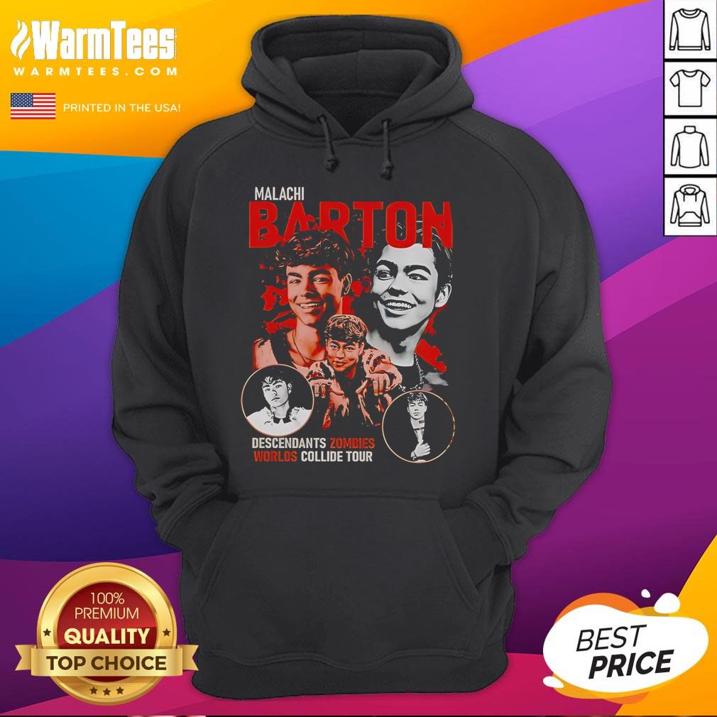 Official Malachi Barton Descendants Zombies Worlds Collide Tour Disney Hoodie Malachi Barton wearing a Descendants Zombies hoodie from the Worlds Collide Tour at Disney, showcasing vibrant colors and design.